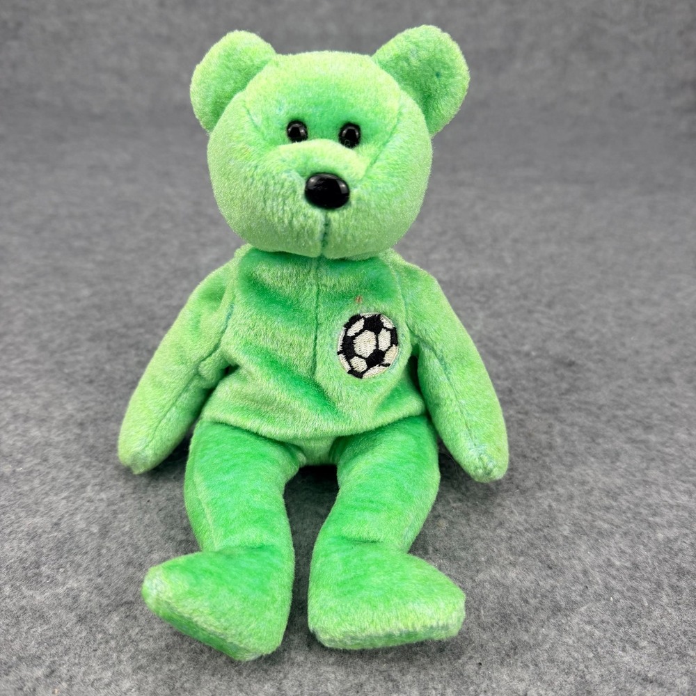 Ty Beanie Baby Kicks the Soccer Bear Green Plush Toy 1999 884421042296